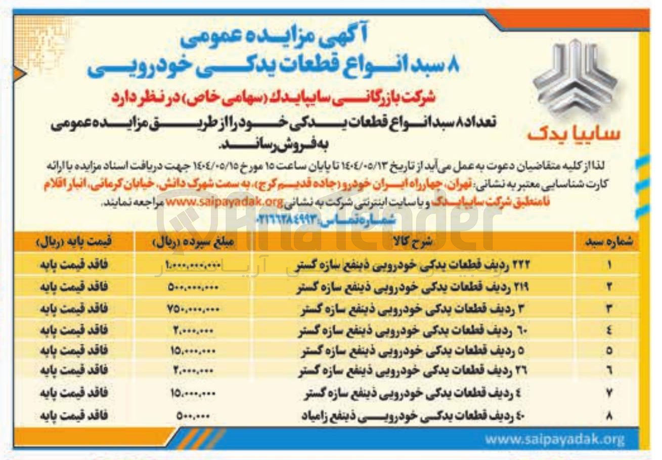 تصویر کوچک آگهی فروش تعداد ۸ سید انواع قطعات یدکی : 