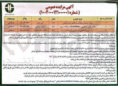 تصویر کوچک آگهی فروش  تعداد سه دستگاه خودروی اسقاطی (وانت نیسان پیکاپ دوکابین دی ایکس - وانت پاژن دوکابین GLD3000cc دوگانه سوز - پژو ۴۰۵ جی ال ایکس ای ۸۱۱ )