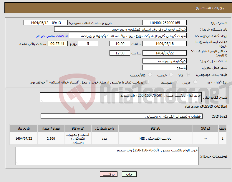 تصویر کوچک آگهی نیاز انتخاب تامین کننده-خرید انواع بالاست مسی (50-70-150-250) وات سدیم
