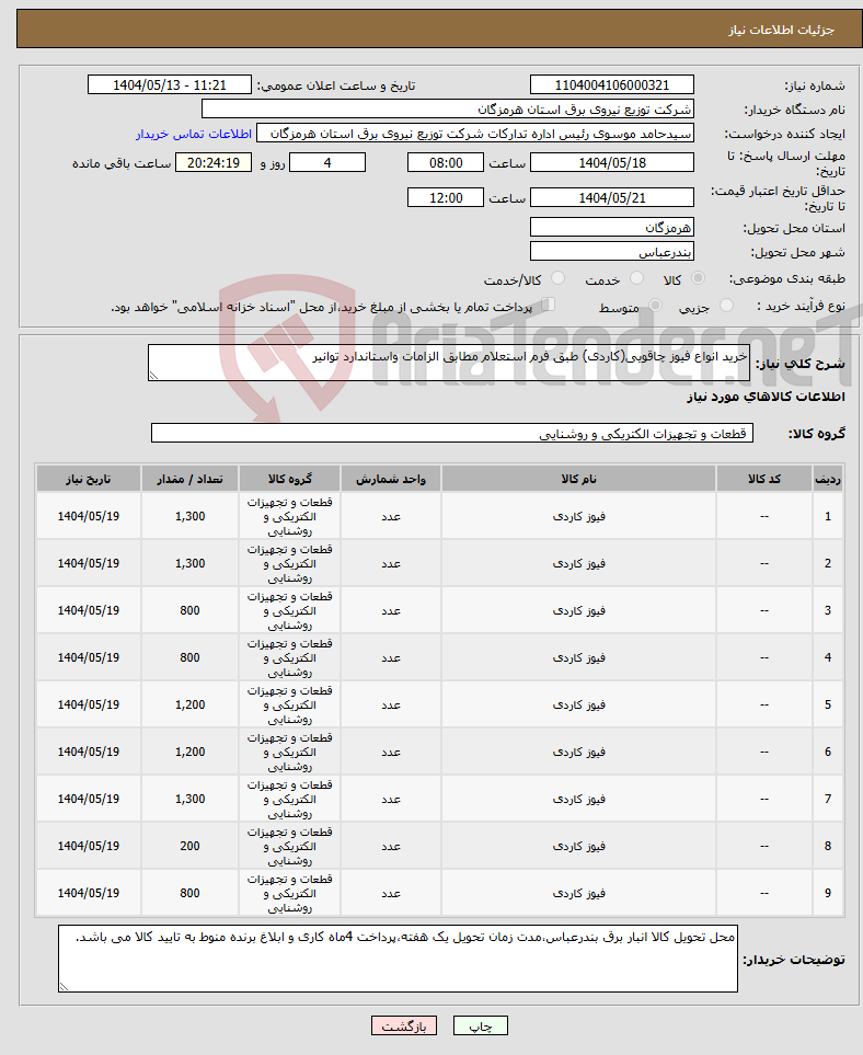 تصویر کوچک آگهی نیاز انتخاب تامین کننده-خرید انواع فیوز چاقویی(کاردی) طبق فرم استعلام مطابق الزامات واستاندارد توانیر