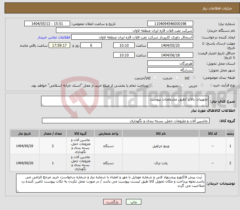تصویر کوچک آگهی نیاز انتخاب تامین کننده-تجهیزات بالابر /طبق مشخصات پیوست