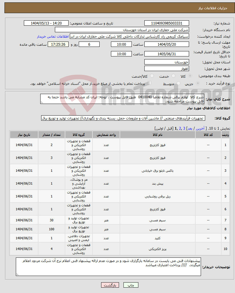 تصویر کوچک آگهی نیاز انتخاب تامین کننده-شرح کالا لوازم برقی شماره تقاضا 0410040 طبق فایل پیوست . توجه: ایران کد مشابه می باشد حتما به فایل پیوست مراجعه شود. 