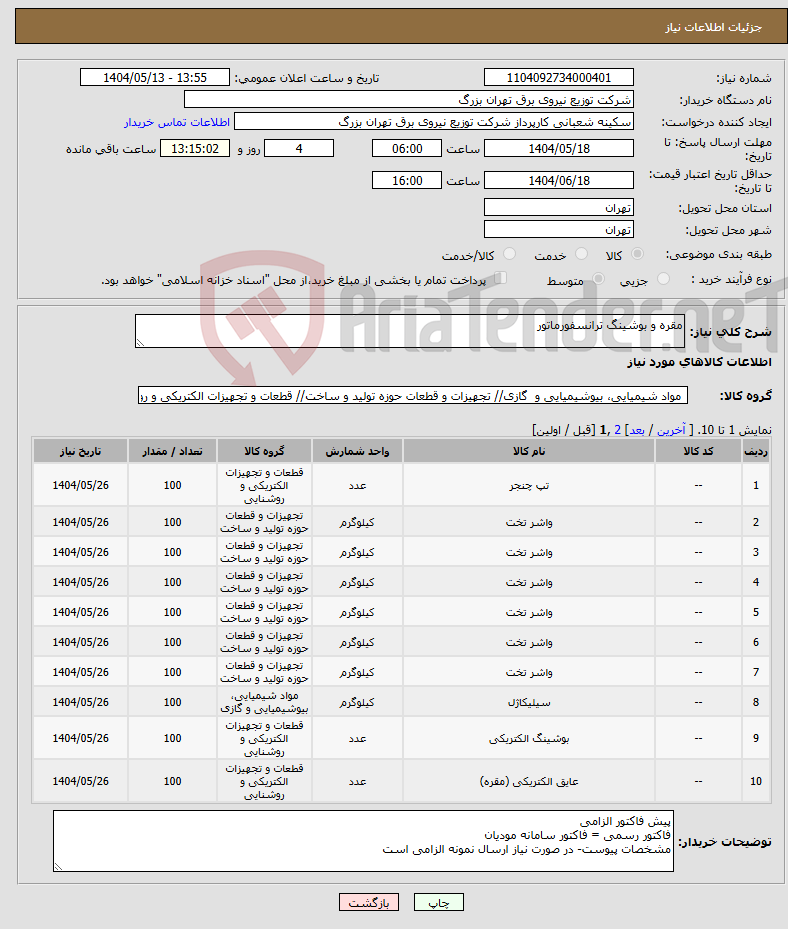 تصویر کوچک آگهی نیاز انتخاب تامین کننده-مقره و بوشینگ ترانسفورماتور