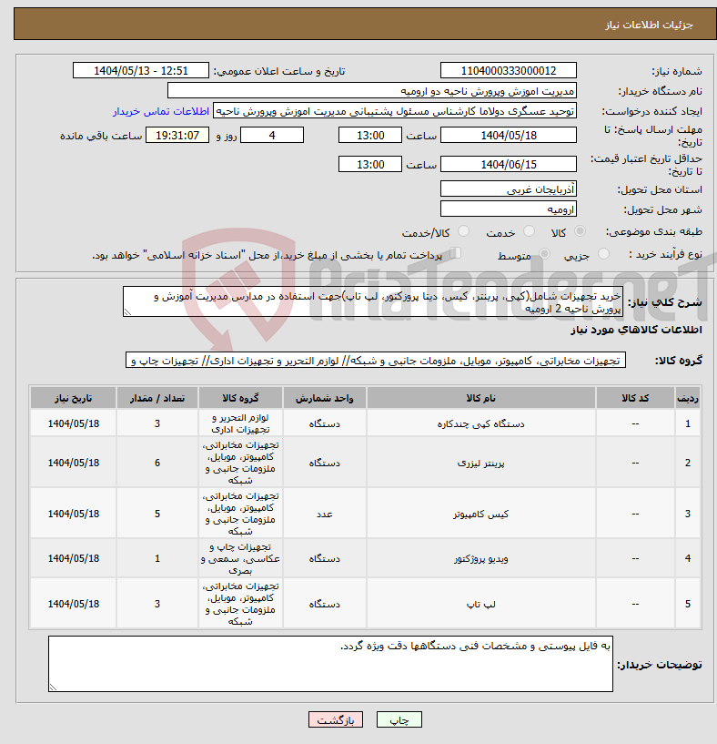 تصویر کوچک آگهی نیاز انتخاب تامین کننده-خرید تجهیزات شامل(کپی، پرینتر، کیس، دیتا پروزکتور، لپ تاپ)جهت استفاده در مدارس مدیریت آموزش و پرورش ناحیه 2 ارومیه