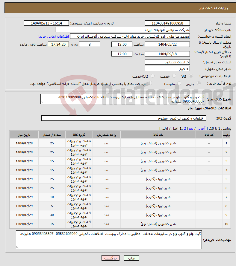 تصویر کوچک آگهی نیاز انتخاب تامین کننده-گیت ولو و گلوب ولو در سایزهای مختلف- مطابق با مدارک پیوست- اطلاعات تکمیلی 05832605940- 09053403807 علیزاده