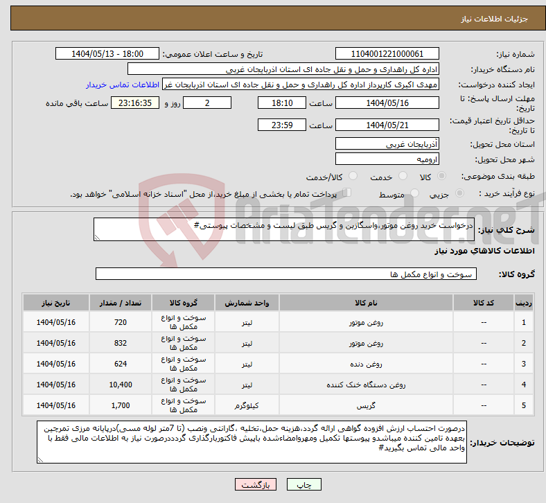 تصویر کوچک آگهی نیاز انتخاب تامین کننده-درخواست خرید روغن موتور،واسگازین و گریس طبق لیست و مشخصات پیوستی#