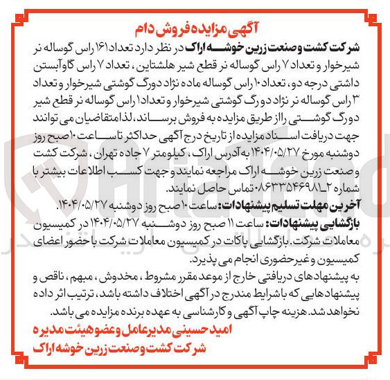 تصویر کوچک آگهی فروش تعداد ۱۶۱ راس گوساله نر شیرخوار و تعداد ۷ راس گوساله نر قطع شیر هلشتاین تعداد ۷ راس گاو آبستن داشتی درجه دو تعداد ۱۰ راس گوساله ماده نژاد دورگ گوشتی شیرخوار و تعداد  راس گوساله نر نژاد دو رگ گوشتی شیرخوار و تعداد ۱ راس گوساله نر قطع شیر 
دورگ گوشتی
