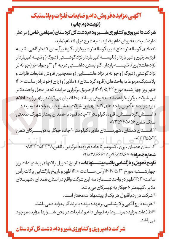 تصویر کوچک آگهی فروش تعدادی گوساله نر قطع شیر گوساله نر شیرخوار گاو غیر آبستن کشتارگاهی تلیسه فری مارتین و غیر باردار تلیسه غیر باردار نژاد گوشتی ( دورگه و تلیسه غیر باردار نژاد هلشتاین ، تلیسه باردار گاوآبستن داشتی درجه ۲ و ۳ و جوانه نر جوانه نر نژاد گوشتی ( دورگه و جوانه نر نژاد هلشتاین و همچنین فروش ضایعات فلزات و پلاستیک