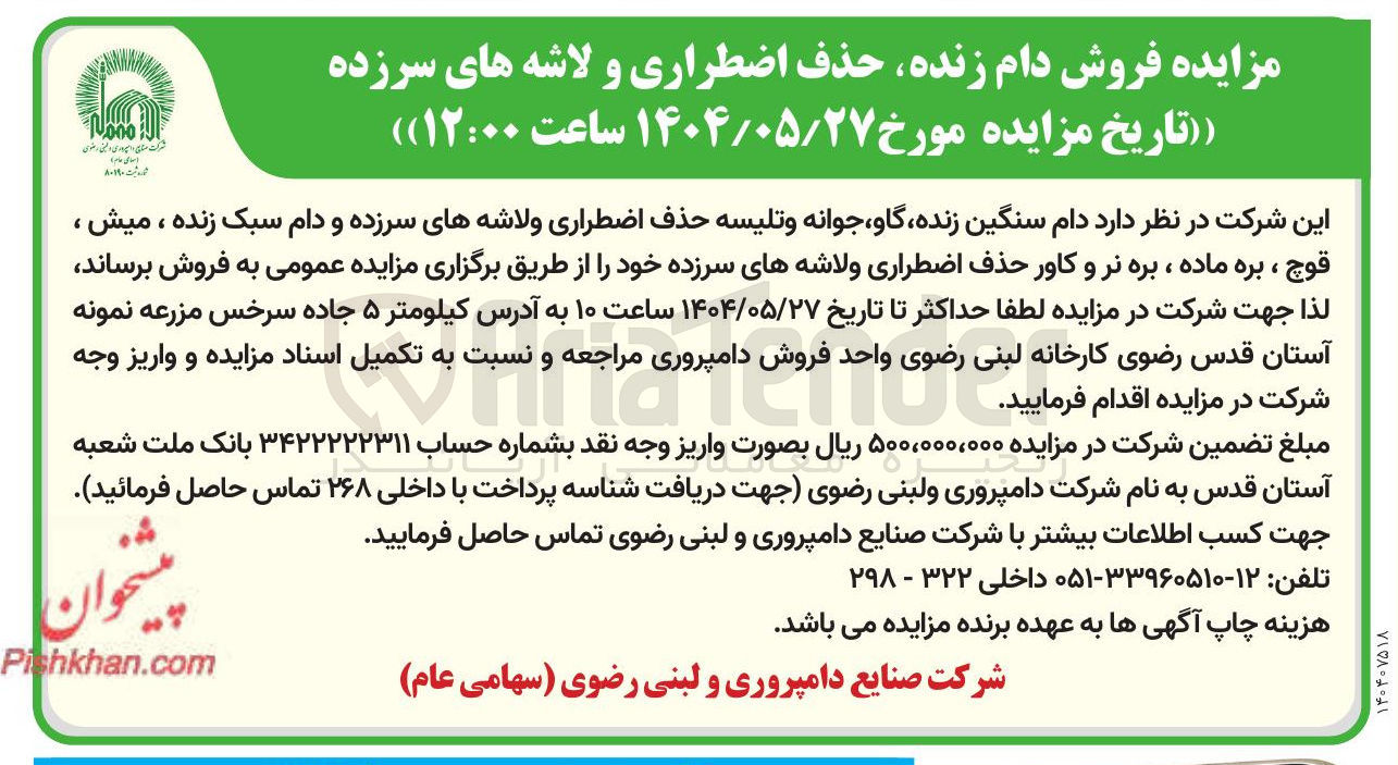 تصویر کوچک آگهی فروش دام سنگین زنده گاو جوانه و تلیسه حذف اضطراری ولاشه های سرزده و دام سبک زنده ، میش ، قوچ ، بره ماده ، بره نر و کاور حذف اضطراری ولاشه های سرزده 