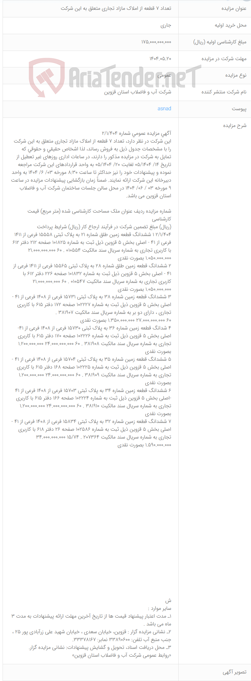 تصویر کوچک آگهی تعداد ۷ قطعه از املاک مازاد تجاری متعلق به این شرکت