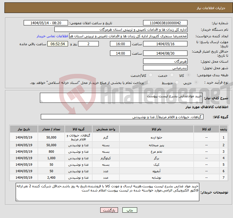 تصویر کوچک آگهی نیاز انتخاب تامین کننده-خرید موادغذایی بشرح لیست پیوست
