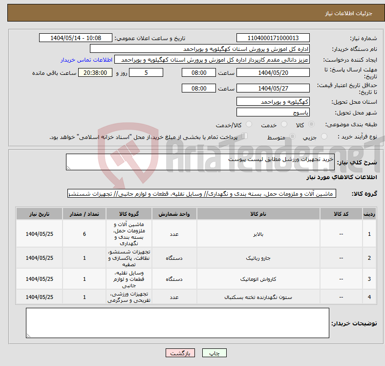 تصویر کوچک آگهی نیاز انتخاب تامین کننده-خرید تجهیزات ورزشل مطابق لیست پیوست