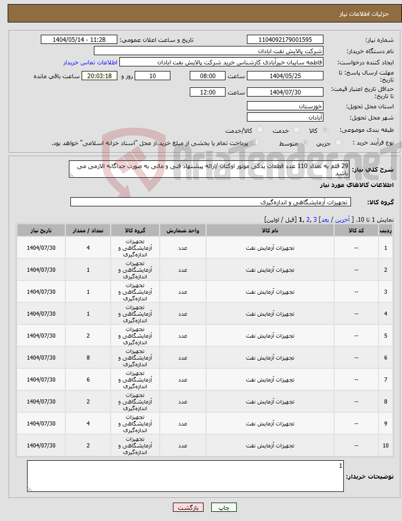 تصویر کوچک آگهی نیاز انتخاب تامین کننده-29 قلم به تعداد 110 عدد قطعات یدکی موتور اوکتان /ارائه پیشنهاد فنی و مالی به صورت جداگانه الازمی می باشد