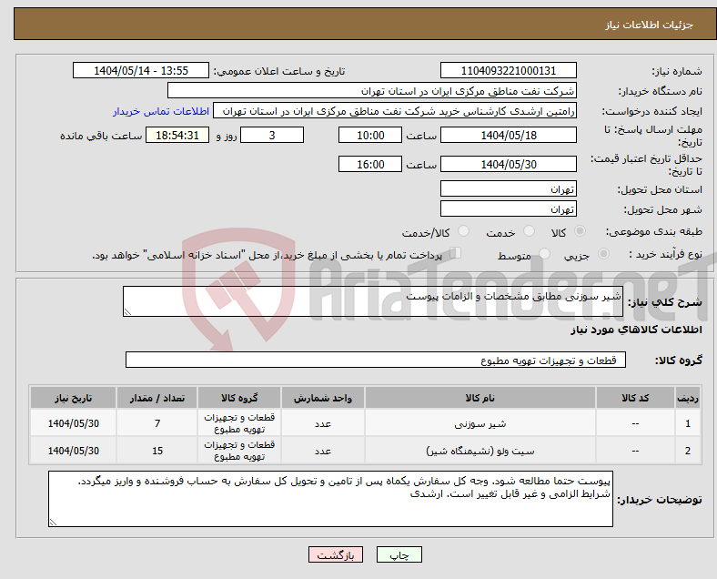 تصویر کوچک آگهی نیاز انتخاب تامین کننده-شیر سوزنی مطابق مشخصات و الزامات پیوست