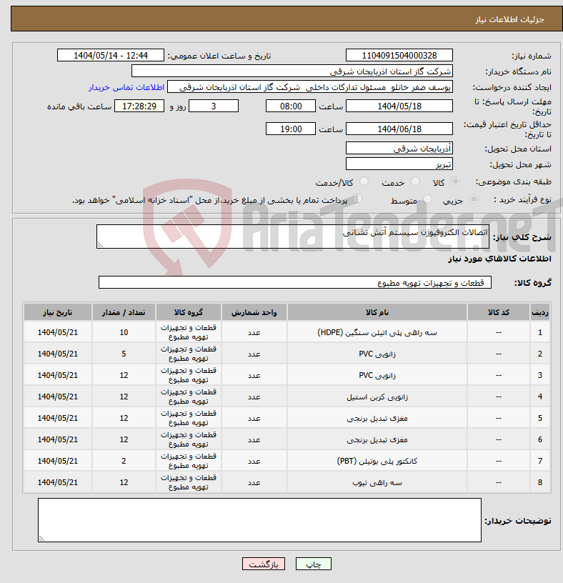 تصویر کوچک آگهی نیاز انتخاب تامین کننده-اتصالات الکتروفیوژن سیستم آتش نشانی