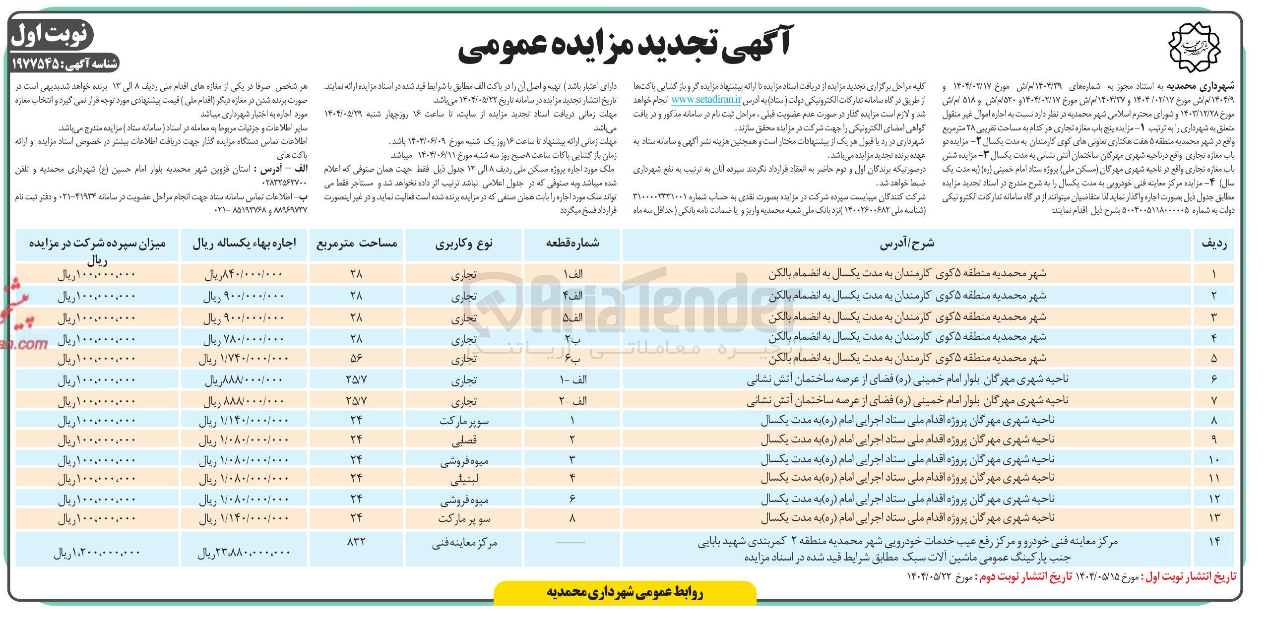 تصویر کوچک آگهی اجاره پنج باب مغازه تجاری هر کدام به مساحت تقریبی 28 مترمربع