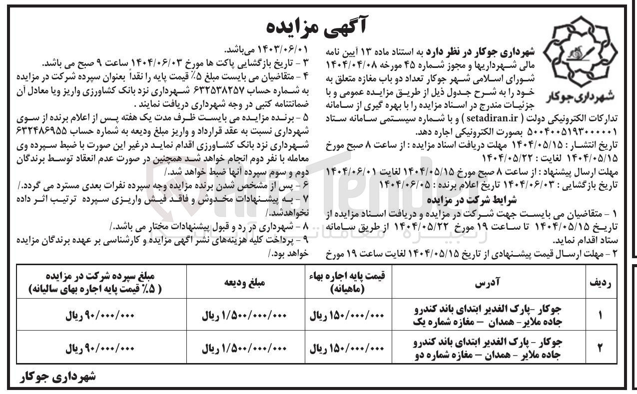 تصویر کوچک آگهی اجاره تعداد دو باب مغازه 