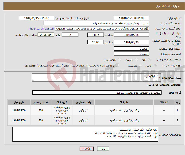 تصویر کوچک آگهی نیاز انتخاب تامین کننده-رنگ ترافیکی 