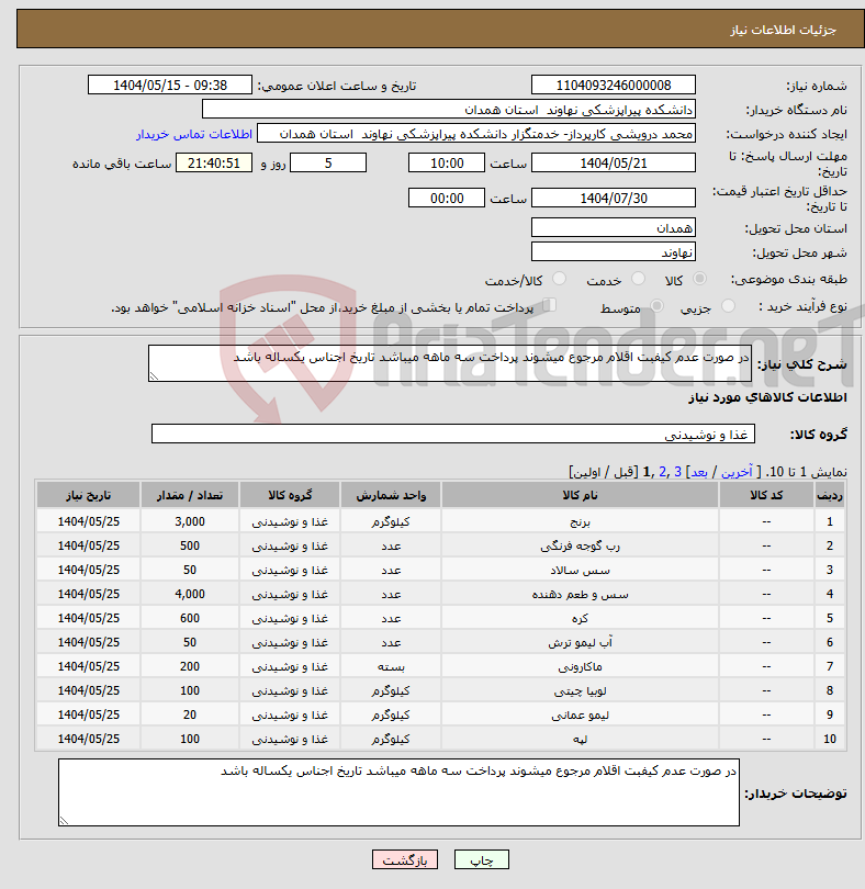 تصویر کوچک آگهی نیاز انتخاب تامین کننده-در صورت عدم کیفبت اقلام مرجوع میشوند پرداخت سه ماهه میباشد تاریخ اجناس یکساله باشد 