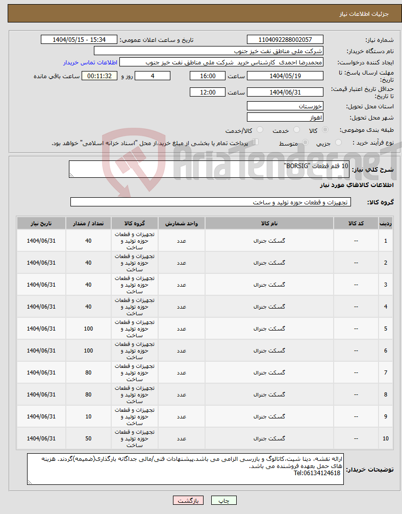 تصویر کوچک آگهی نیاز انتخاب تامین کننده-10 قلم قطعات "BORSIG"