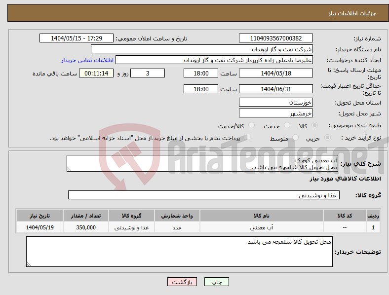 تصویر کوچک آگهی نیاز انتخاب تامین کننده-آب معدنی کوچک محل تحویل کالا شلمچه می باشد.