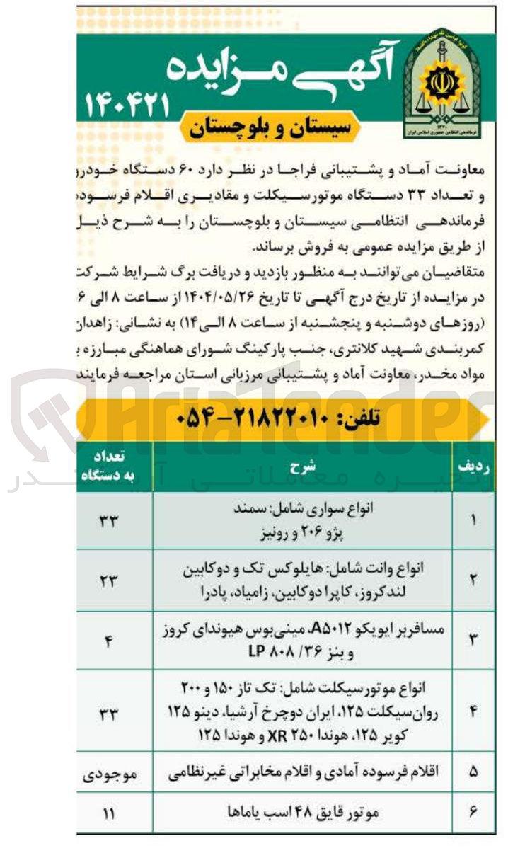 تصویر کوچک آگهی  ۶۰ دستگاه خودرو و تعداد ۳۳ دستگاه موتورسیکلت و مقادیری اقلام فرسود