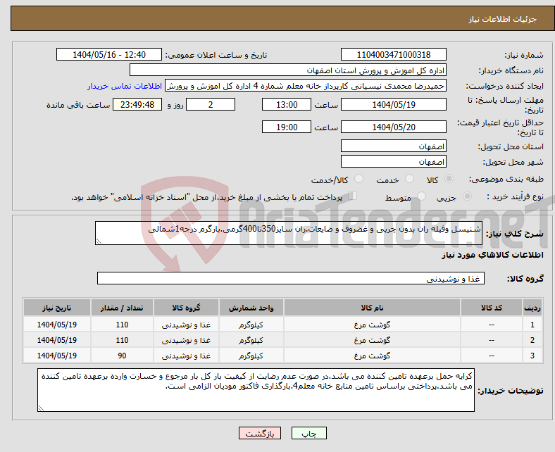 تصویر کوچک آگهی نیاز انتخاب تامین کننده-شنیسل وفیله ران بدون چربی و غضروف و ضایعات.ران سایز350تا400گرمی.بارگرم درجه1شمالی