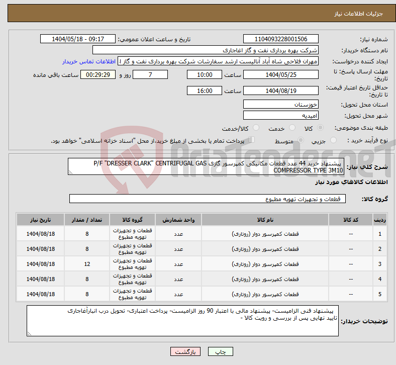 تصویر کوچک آگهی نیاز انتخاب تامین کننده- پیشنهاد خرید 44 عدد قطعات مکانیکی کمپرسور گازی P/F "DRESSER CLARK" CENTRIFUGAL GAS COMPRESSOR TYPE 3M10