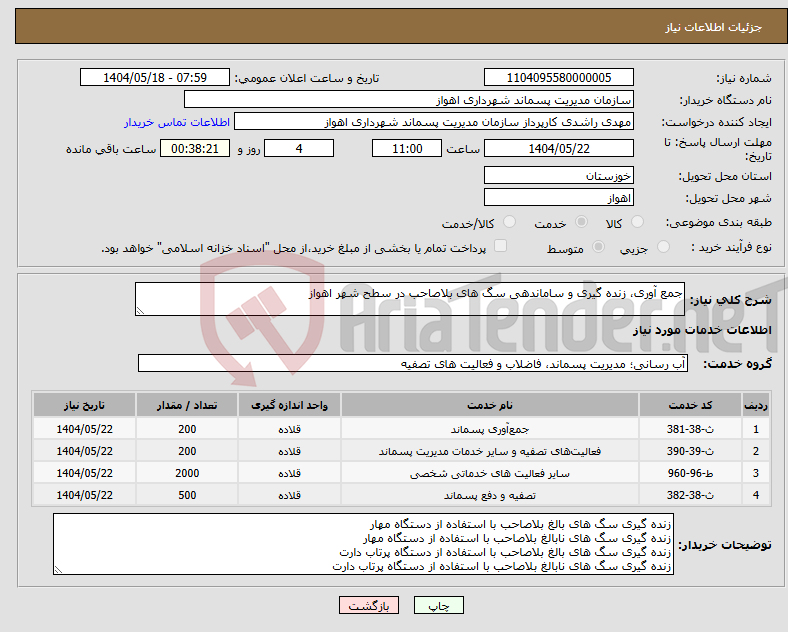 تصویر کوچک آگهی نیاز انتخاب تامین کننده-جمع آوری، زنده گیری و ساماندهی سگ های بلاصاحب در سطح شهر اهواز 