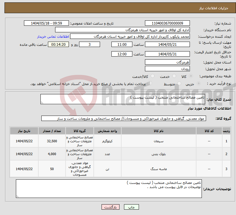 تصویر کوچک آگهی نیاز انتخاب تامین کننده-تامین مصالح ساختمانی منتخب ( لیست پیوست ) 