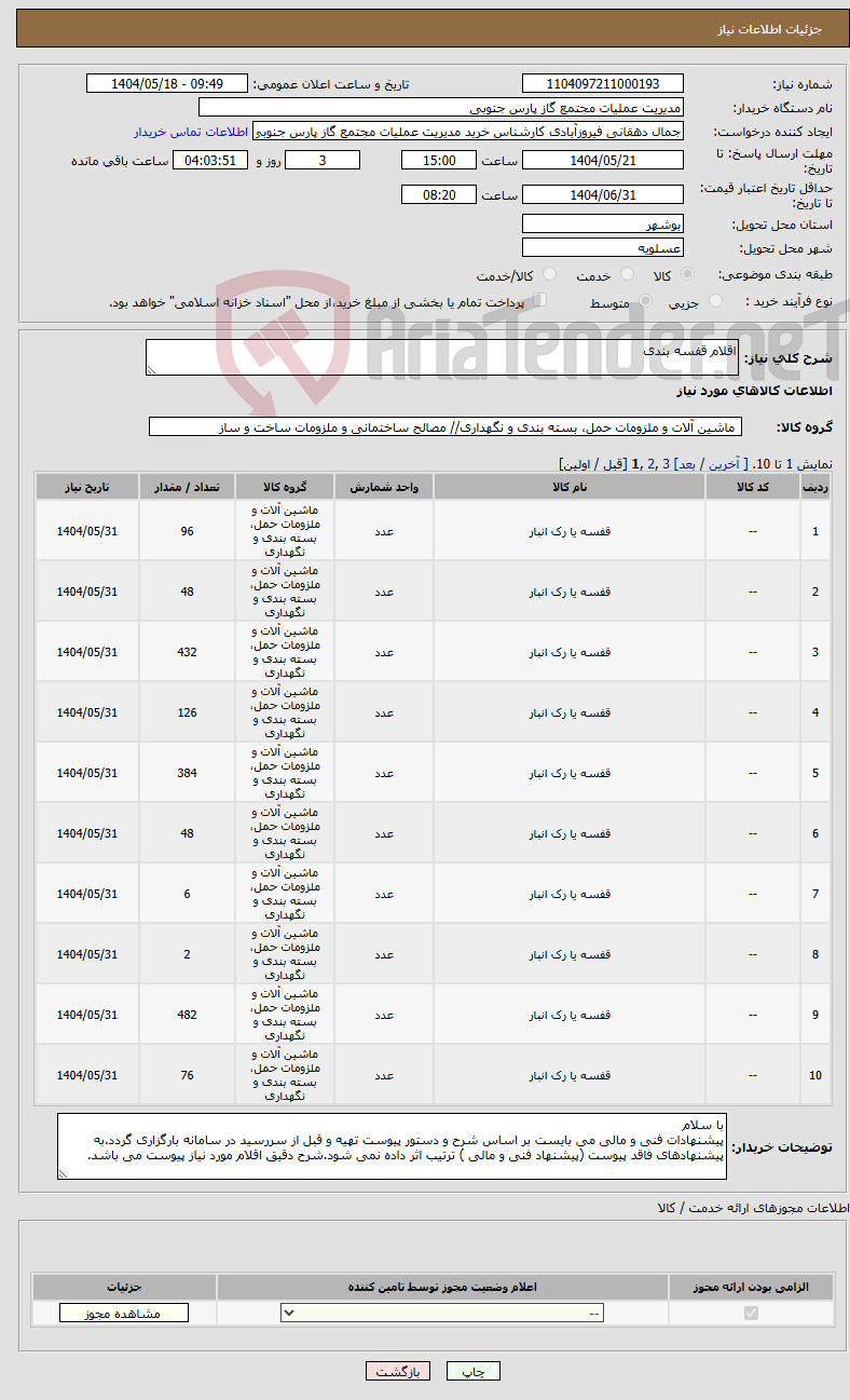 تصویر کوچک آگهی نیاز انتخاب تامین کننده-اقلام قفسه بندی