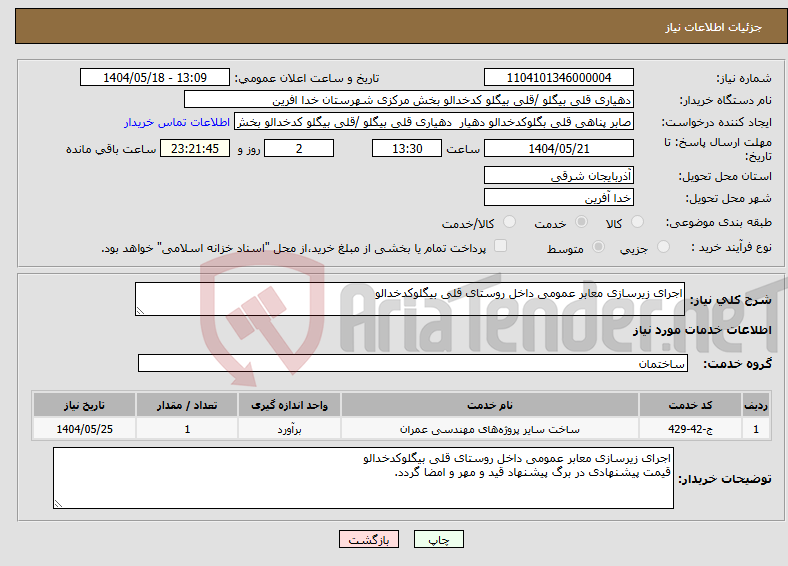 تصویر کوچک آگهی نیاز انتخاب تامین کننده-اجرای زیرسازی معابر عمومی داخل روستای قلی بیگلوکدخدالو