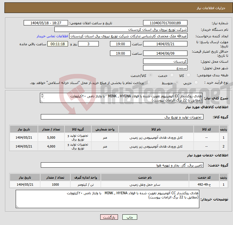 تصویر کوچک آگهی نیاز انتخاب تامین کننده-هادی روکشدار CC آلومینیوم تقویت شده با فولاد MINK , HYENA با ولتاژ نامی ۲۰کیلوولت (مطابق با 22 برگ الزامات پیوست) 
