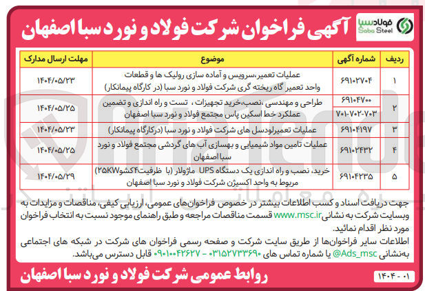 تصویر کوچک آگهی عملیات تعمیر لودسل های شرکت فولاد و نورد سبا (در کارگاه پیمانکار )
