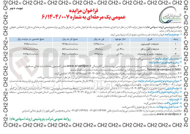 تصویر کوچک آگهی فروش ضایعات غیر پسماندی سلویج (10 تن ضایعات آلومینیوم - 400 تن ضایعات آهن و فلز - 200 تن ضایعات پلیمرو پلاستیک)