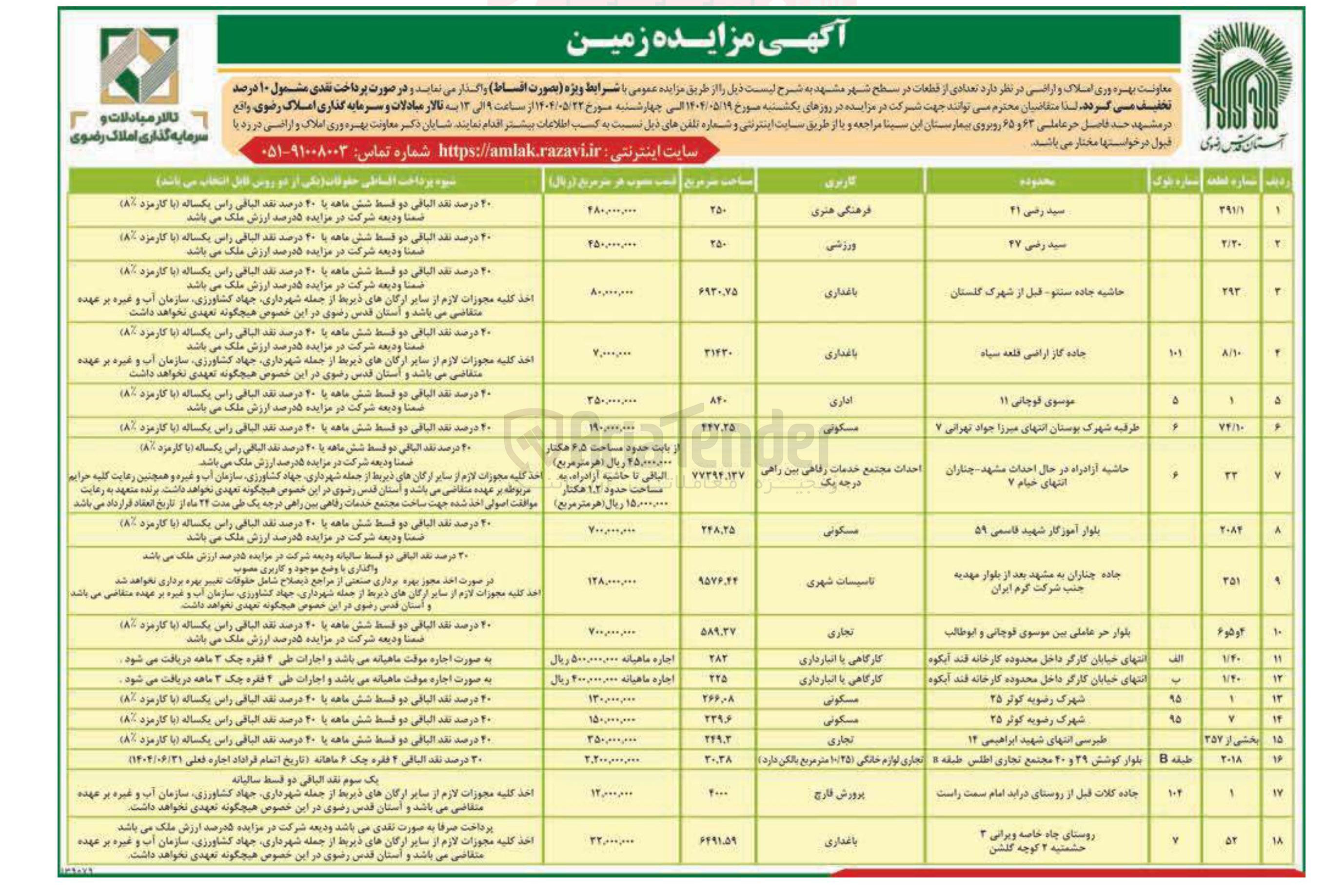 تصویر کوچک آگهی فروش تعدادی از قطعات در سطح شهر در 18 ردیف با کاربری فرهنگی هنری - ورزشی - باغداری - اداری - مسکونی - تاسیسات شهری - کارگاهی - پرورش قارچ و...