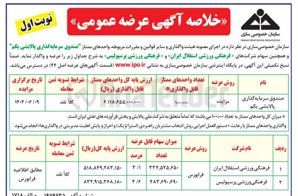 تصویر کوچک آگهی عرضه واحدهای ممتاز صندوق سرمایه گذاری پالایشی یکم و همچنین سهام شرکتهای فرهنگی ورزشی استقلال ایران و فرهنگی ورزشی پرسپولیس 
