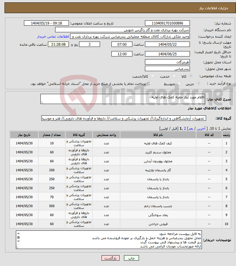 تصویر کوچک آگهی نیاز انتخاب تامین کننده-اقلام مورد نیاز جعبه کمک های اولیه 