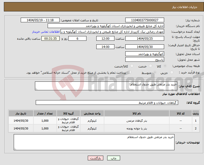تصویر کوچک آگهی نیاز انتخاب تامین کننده-خرید بذر مرتعی طبق جدول استعلام 