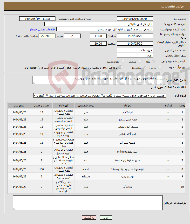 تصویر کوچک آگهی نیاز انتخاب تامین کننده-سیستم اطفا حریق جهت اداره کل امور مالیاتی خوزستان طبق فایل پیوست