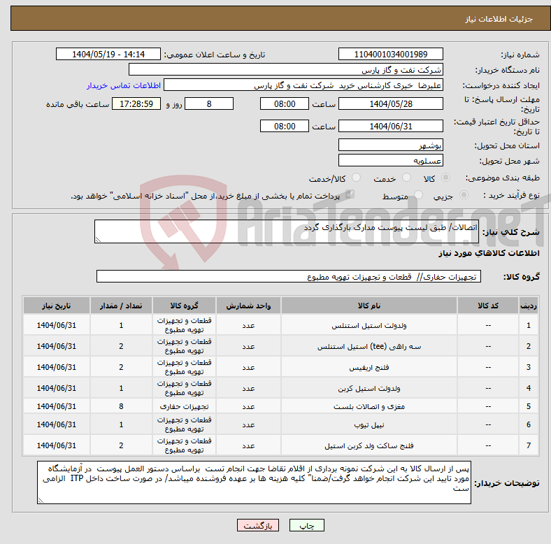 تصویر کوچک آگهی نیاز انتخاب تامین کننده-اتصالات/ طبق لیست پیوست مدارک بارگذاری گردد
