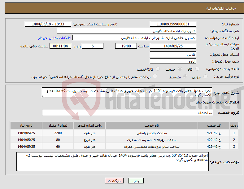 تصویر کوچک آگهی نیاز انتخاب تامین کننده-اجرای جدول معابر بافت فرسوده 1404 خیابان های خیبر و خندق طبق مشخصات لیست پیوست که مطالعه و تکمیل گردد