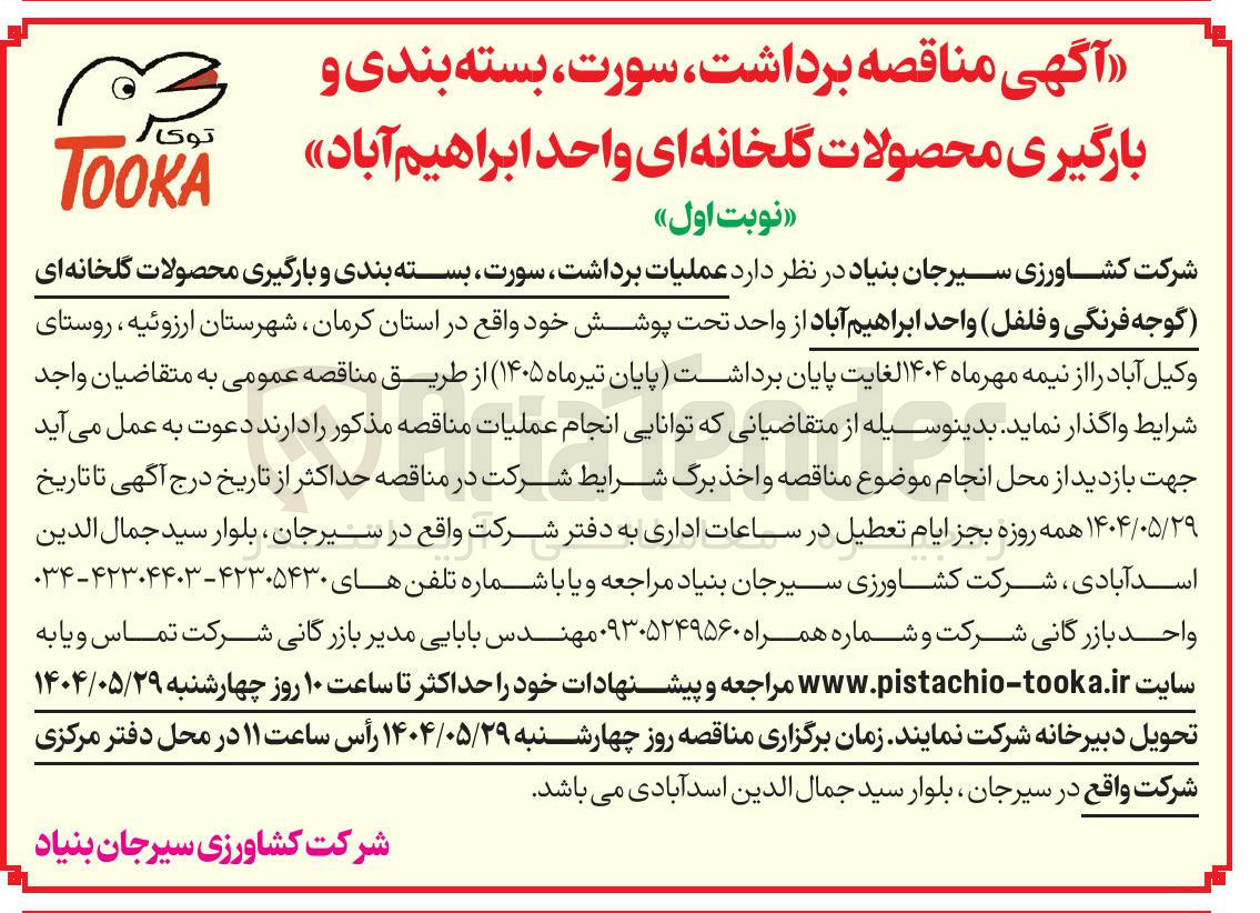 تصویر کوچک آگهی عملیات برداشت سورت بسته بندی و بارگیری محصولات گلخانه ای گوجه فرنگی و فلفل
