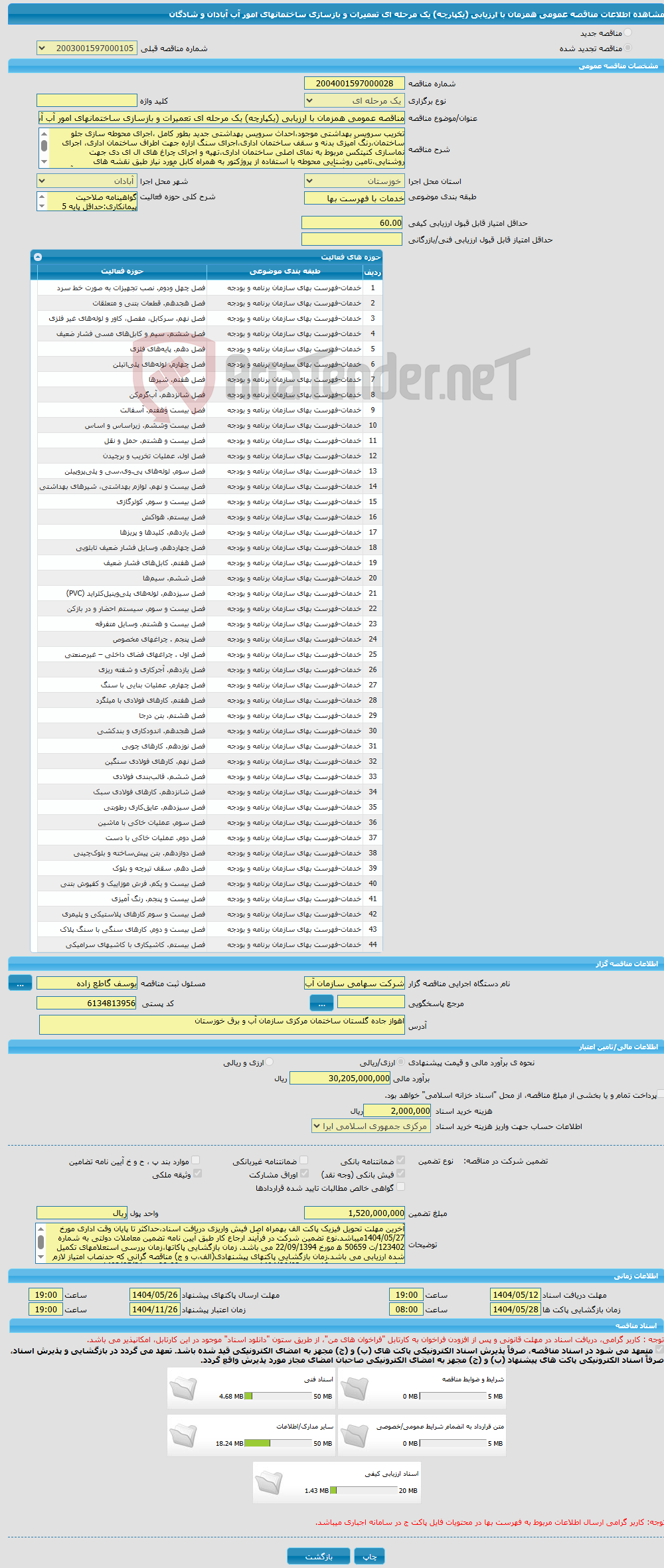 تصویر کوچک آگهی مناقصه عمومی همزمان با ارزیابی (یکپارچه) یک مرحله ای تعمیرات و بازسازی ساختمانهای امور آب آبادان و شادگان