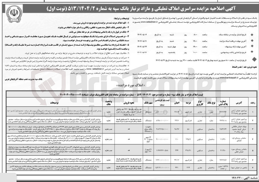 تصویر کوچک آگهی املاک تملیکی و مازاد 