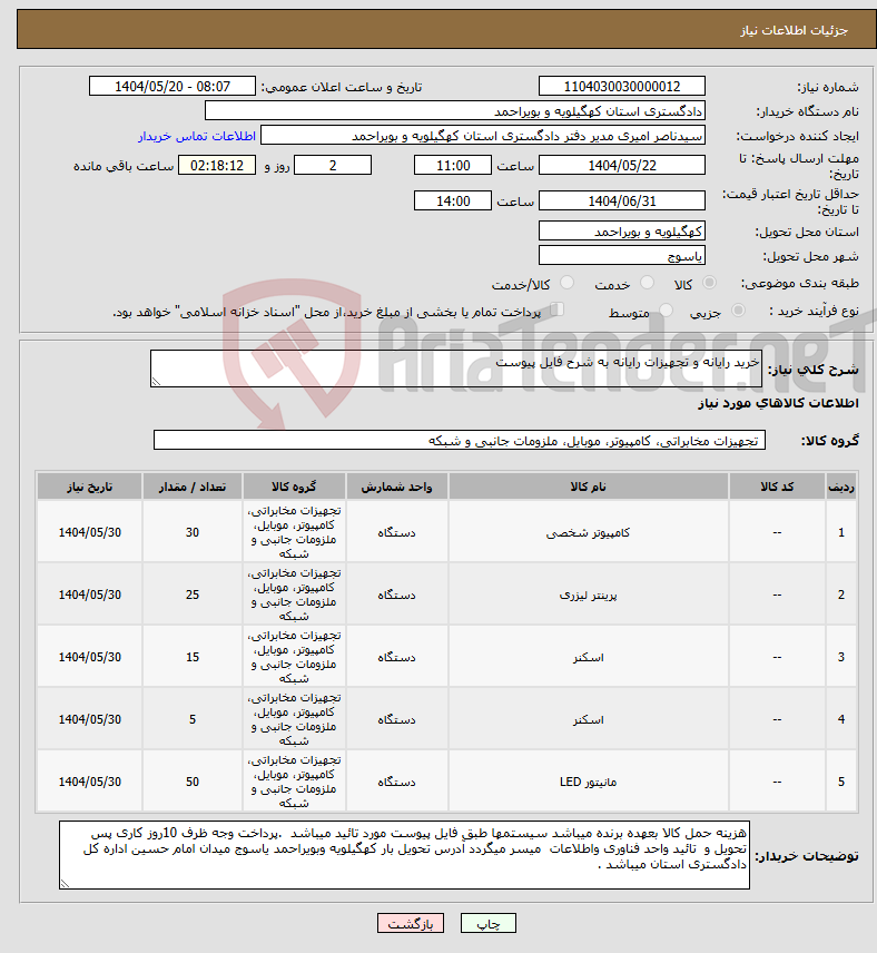 تصویر کوچک آگهی نیاز انتخاب تامین کننده-خرید رایانه و تجهیزات رایانه به شرح فایل پیوست