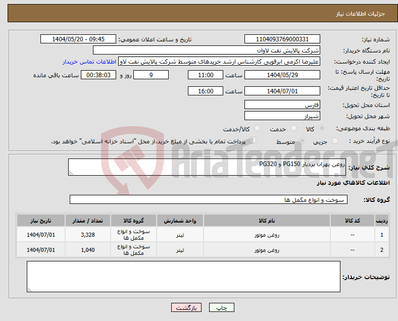 تصویر کوچک آگهی نیاز انتخاب تامین کننده-روغن بهران بردبار PG150 و PG320 