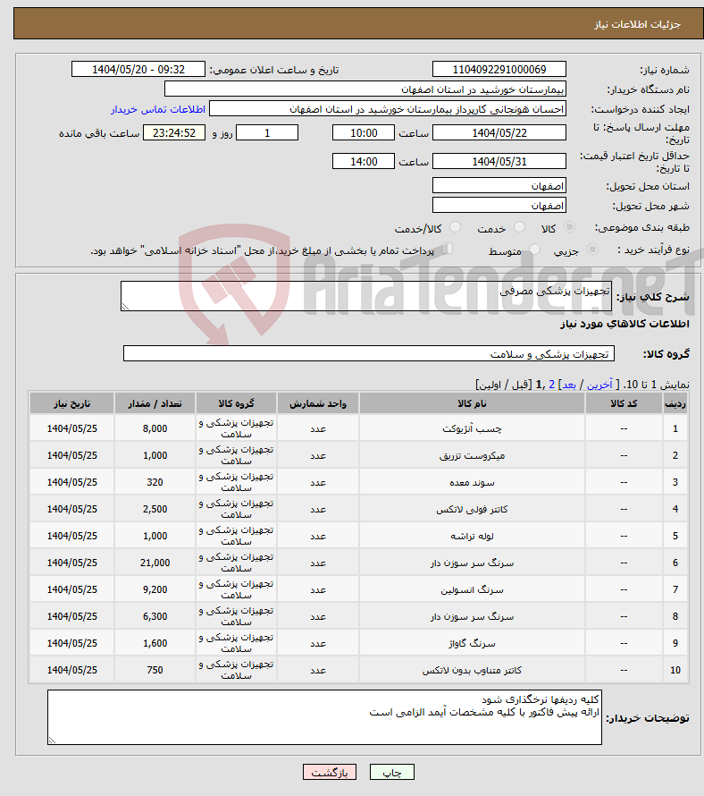 تصویر کوچک آگهی نیاز انتخاب تامین کننده-تجهیزات پزشکی مصرفی