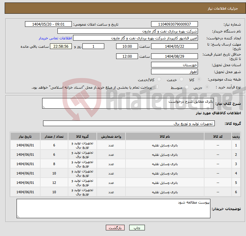 تصویر کوچک آگهی نیاز انتخاب تامین کننده-باتری مطابق شرح درخواست
