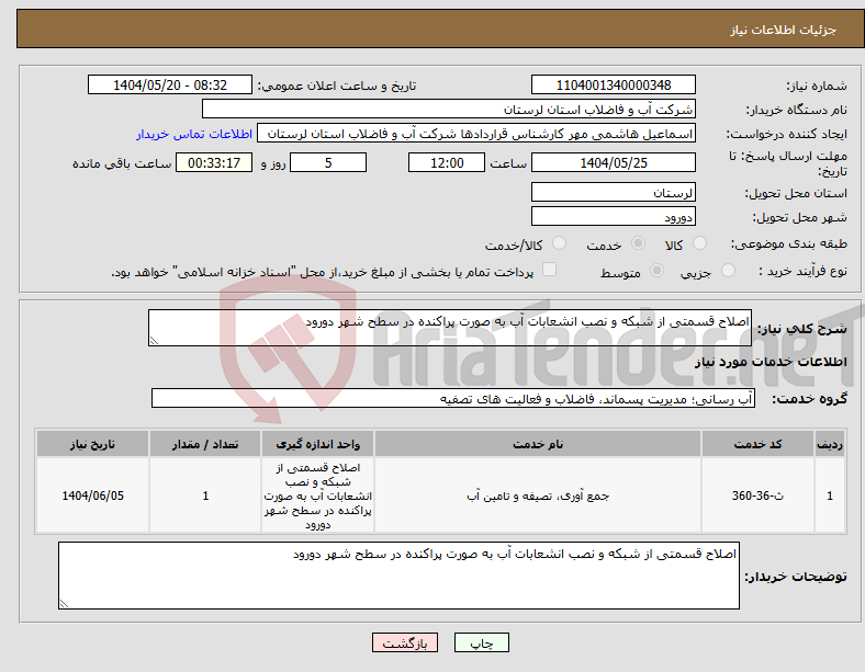 تصویر کوچک آگهی نیاز انتخاب تامین کننده-اصلاح قسمتی از شبکه و نصب انشعابات آب به صورت پراکنده در سطح شهر دورود